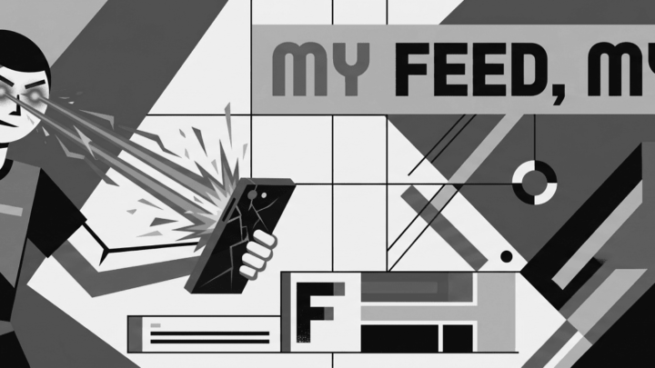 My Feed, My way - boy zapping phone with laser eyes in bauhaus style black and white